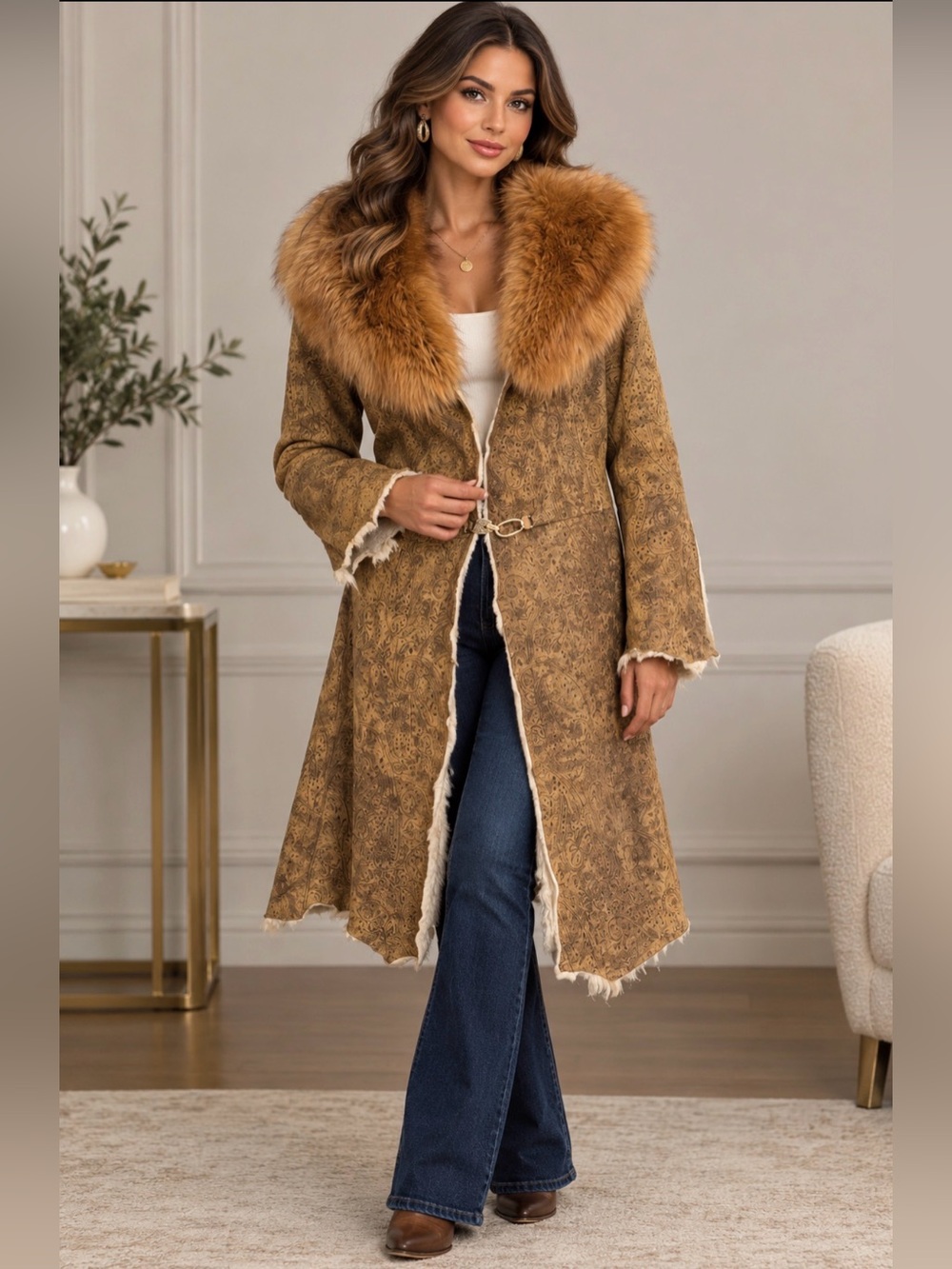 RINDI Italy Authentic Suede Paisley Shearling & Fox Fur Afghan coat